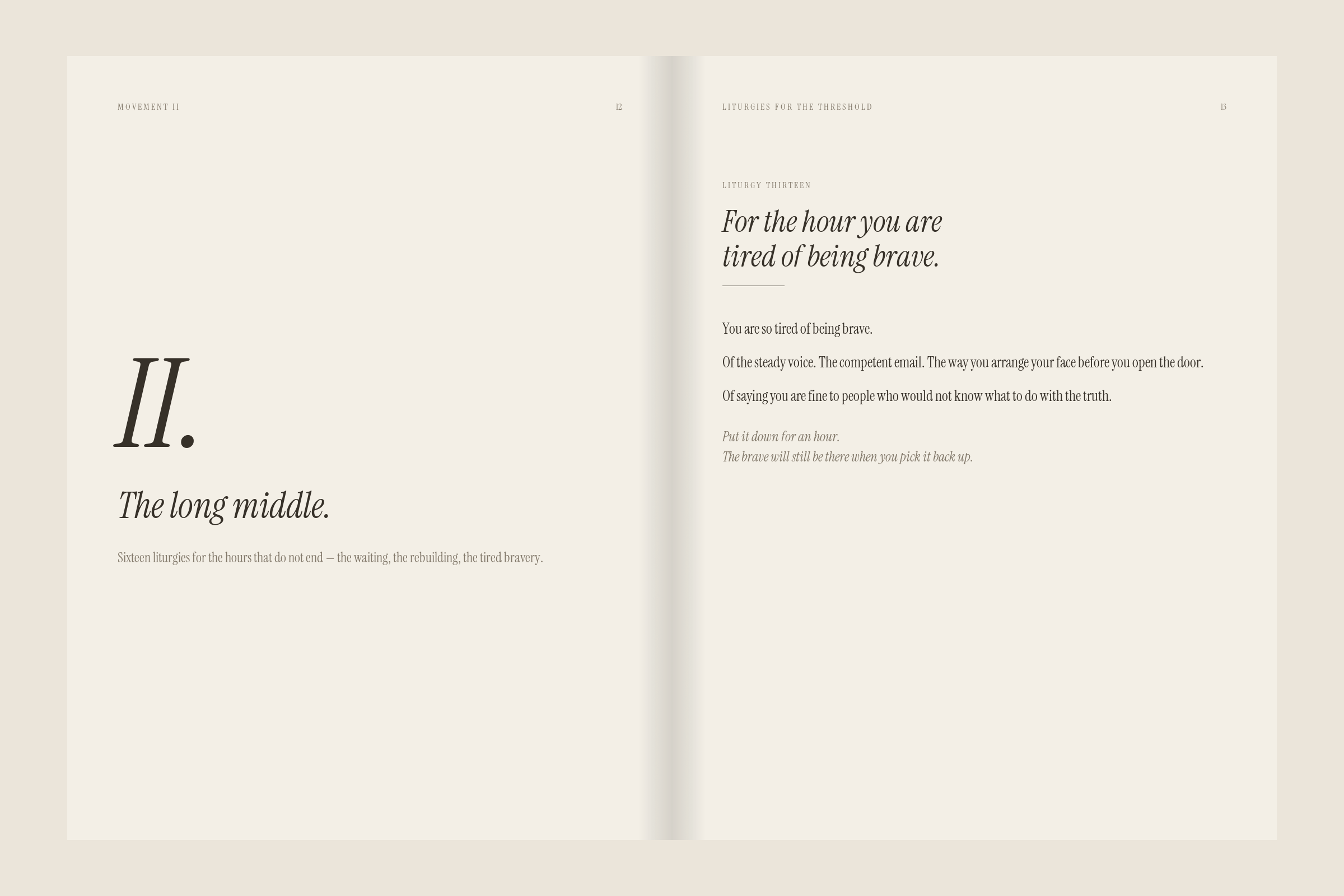 A spread from Liturgies for the Threshold — a movement opener facing the first liturgy of that movement